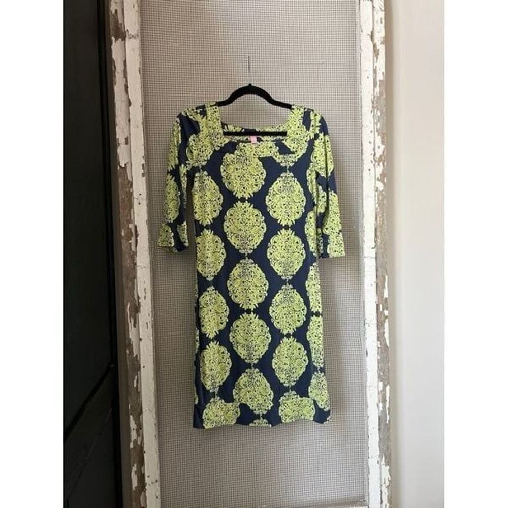 Lilly Pulitzer 100% Silk Newport Navy Green Damask Medallion Shift Dress‎ Sz 6